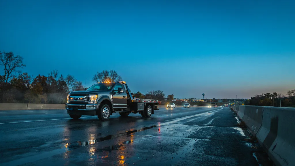 Zedany Towing flatbed tow truck on a highway shoulder near Burr Ridge, Illinois